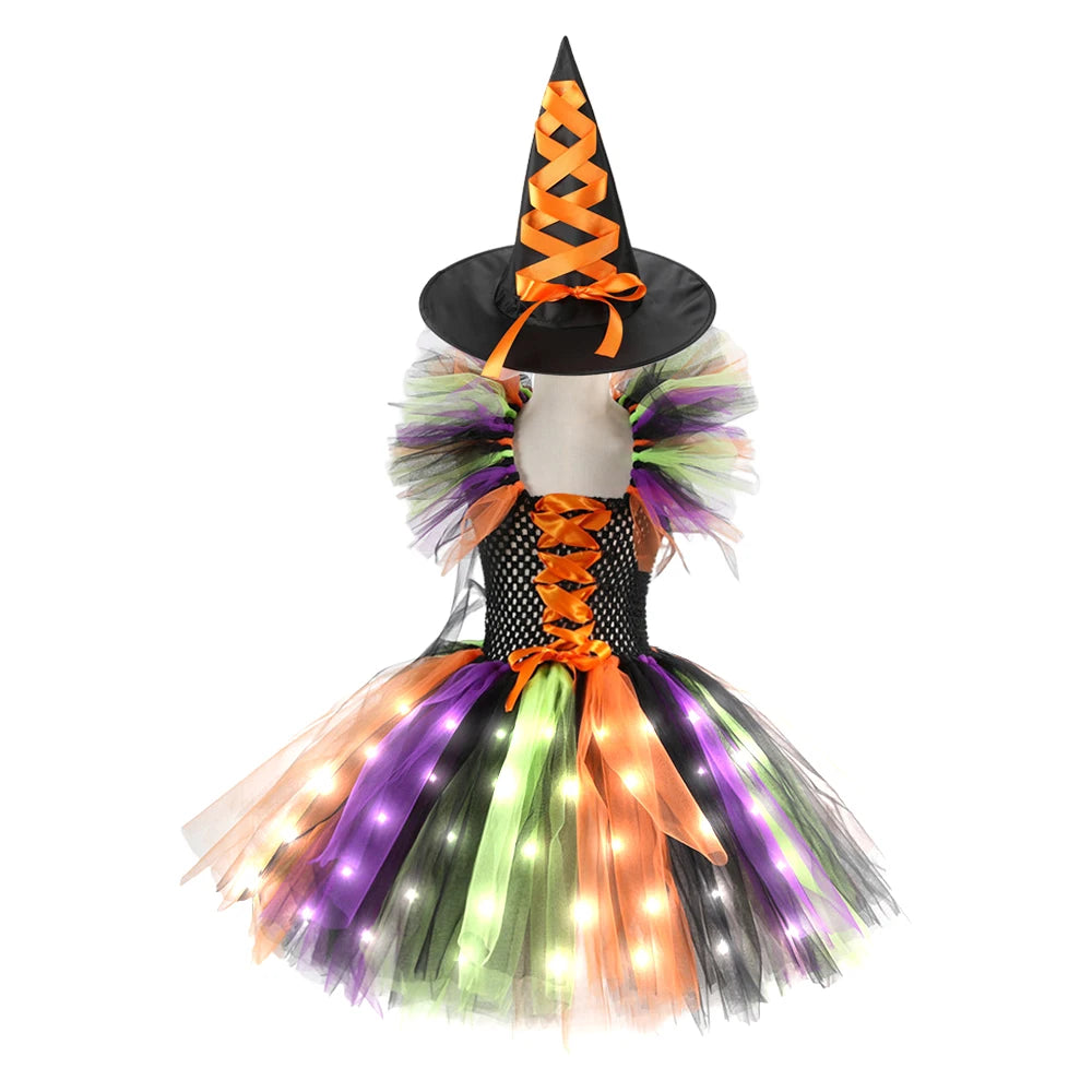 2025 Girls Witch Halloween Cosplay LED Dress Carnival Vestidos Party Kids Children Glowing Costume Party Princess Dress