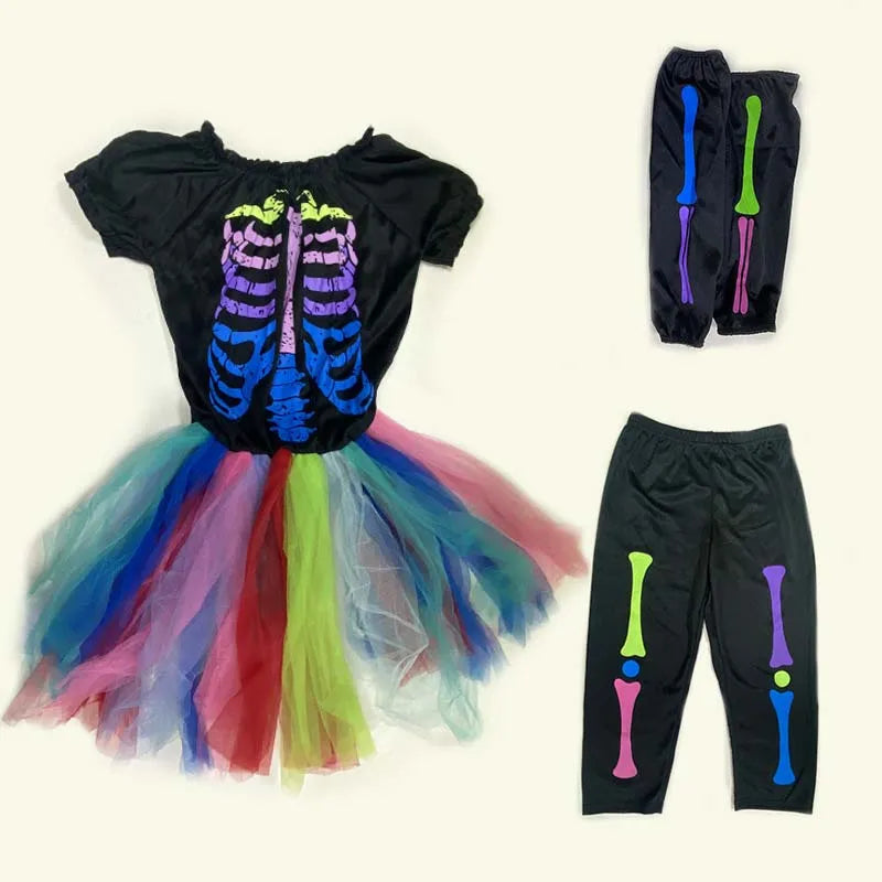 Halloween Rainbow Skeleton Girl Dress Colorful Skull Boy Costume Toddler Funky Punky Bone Cosplay Outfit Carnival Fancy Clothing