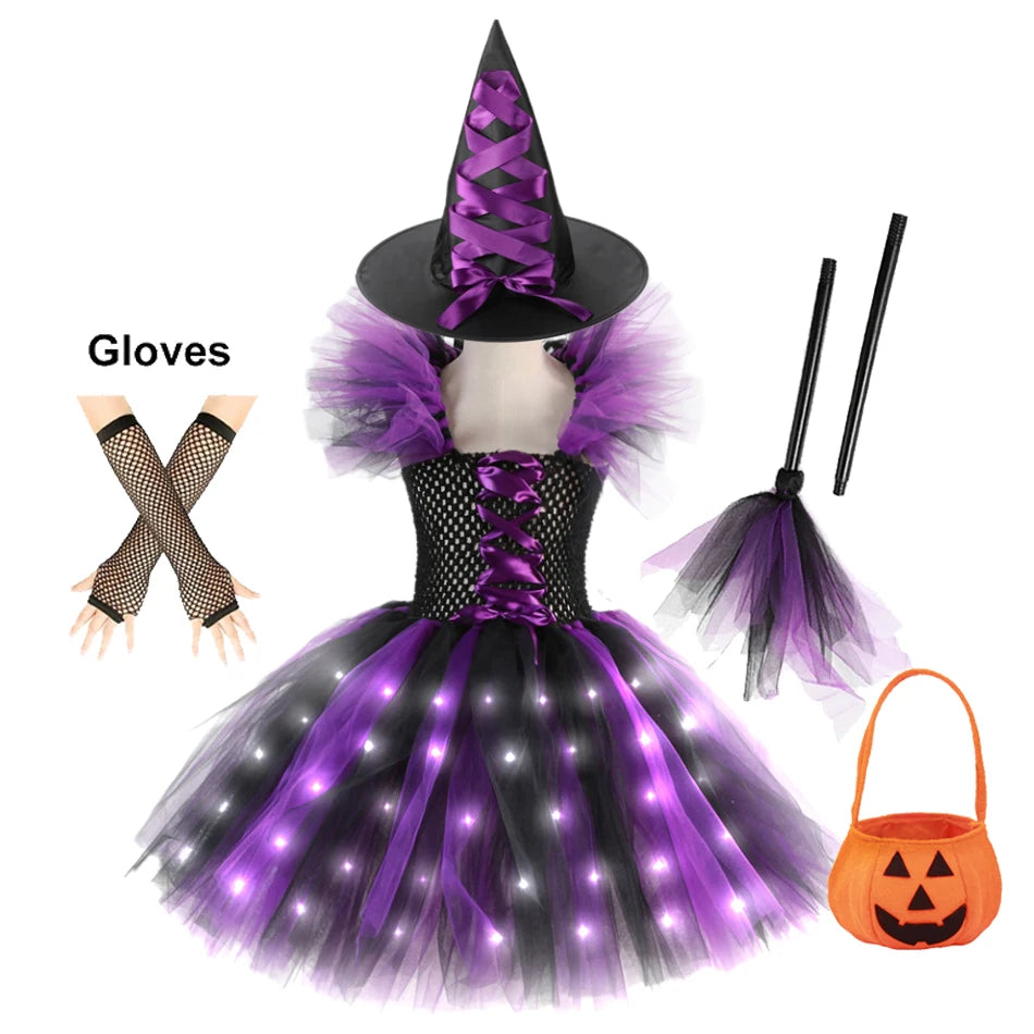 2025 Girls Witch Halloween Cosplay LED Dress Carnival Vestidos Party Kids Children Glowing Costume Party Princess Dress