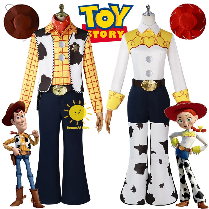 BEAST KINGDOM Anime Woody Jessie Cosplay Costume Toy Story Cosplay Cowboy Suit Woody Jessie Hat Halloween Party Cos Adult Unisex