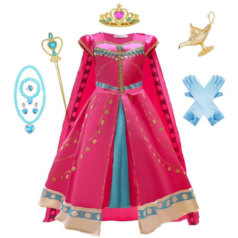 Jasmine Costume for Girls Arabian Dress for Kids Aladdin Cosplay Christmas Halloween Party with Gloves Crown Wand Accessories