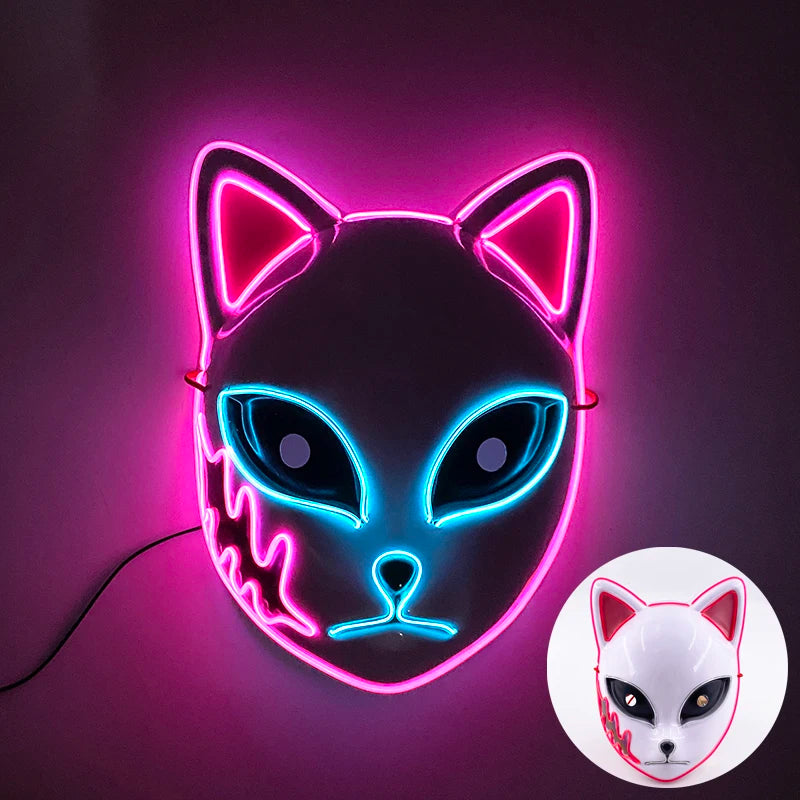 Light Up Japanese Oni Devil Mask LED Luminous Prajna Horror Mask Full Face Halloween Bar Party Props Neon Glowing Demon Mask