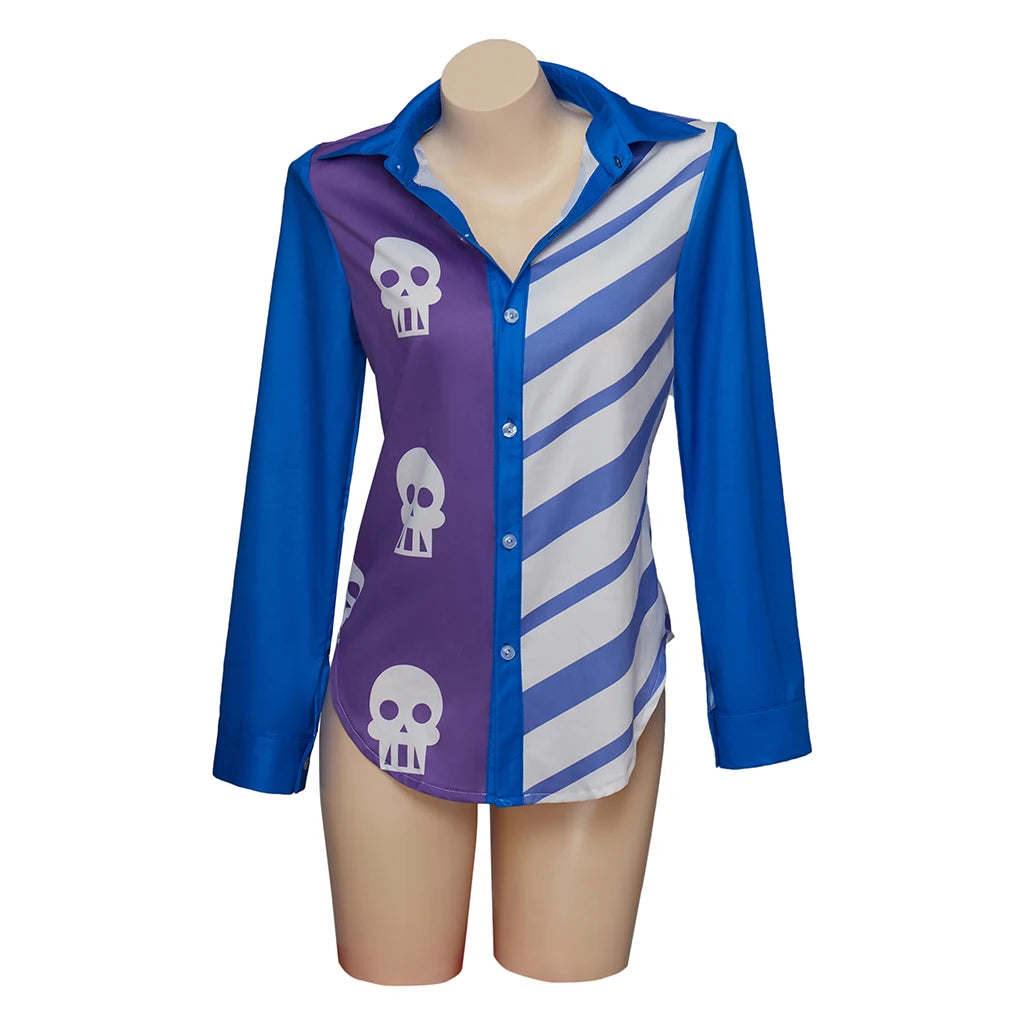 Anime Horseman Sarah Lynn Cosplay Shirt Skull And Horizontal Stripe Blue Print Shirt Costume Adult Student Casual Top Blouse
