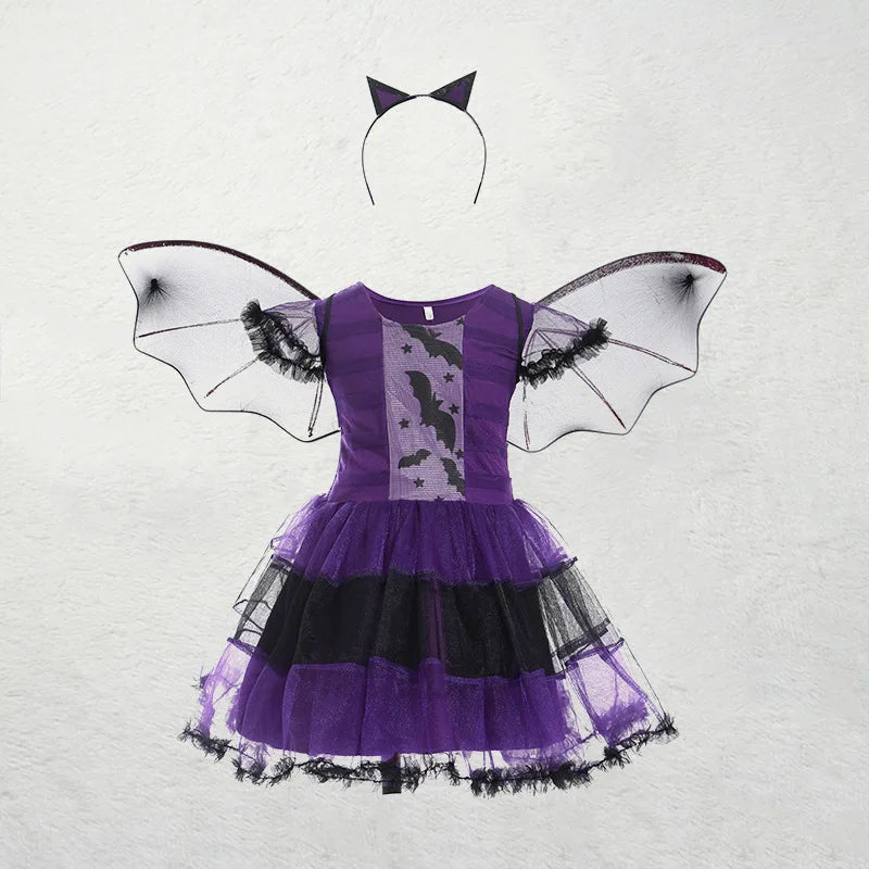 Girls Purple Bat Dress Kids Fancy Cosplay Vampire Demon Costume With Wing Headwear Halloween Carnival Witch Role Play Clothes