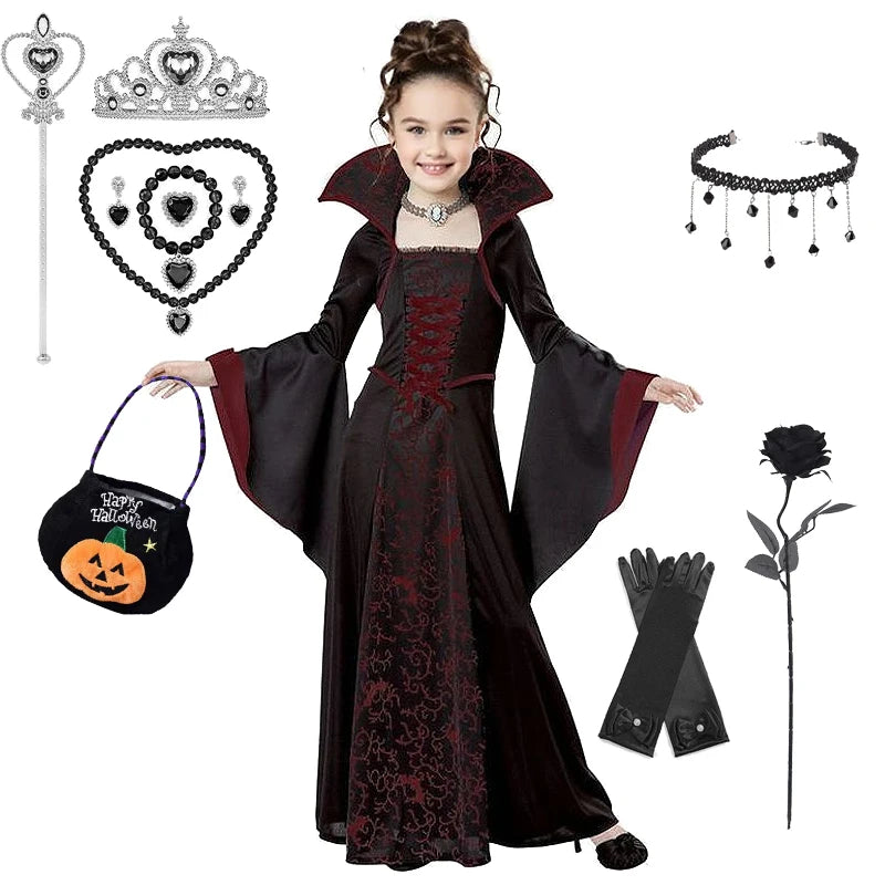 Halloween Costume for Kids Fantasy Vampire Costume Girls Long Tutu Dress Ghost Bride Cosplay Costume Carnival Party Clothes