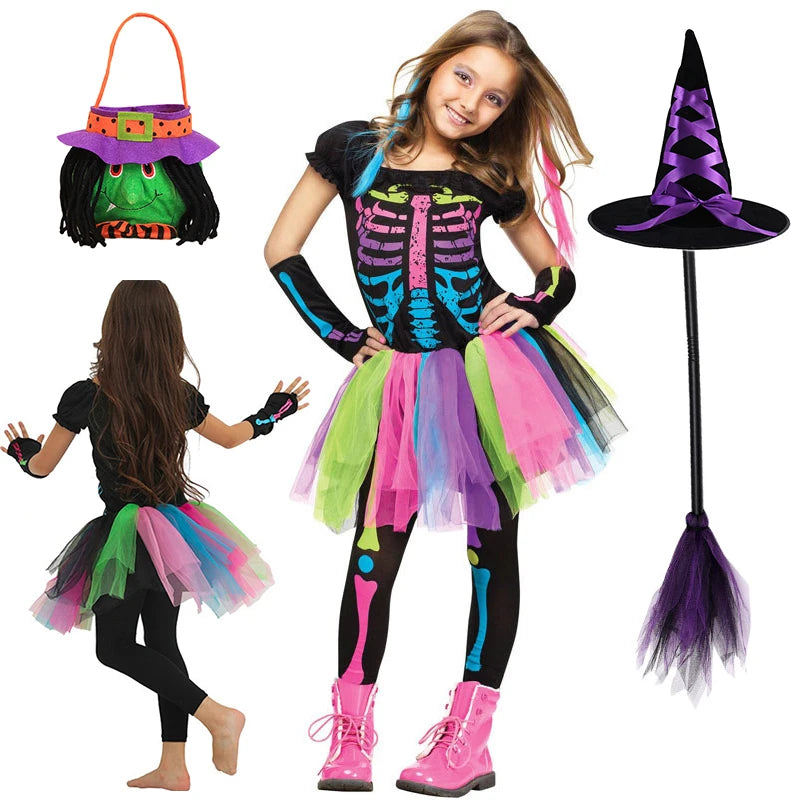 Halloween Rainbow Skeleton Girl Dress Colorful Skull Boy Costume Toddler Funky Punky Bone Cosplay Outfit Carnival Fancy Clothing