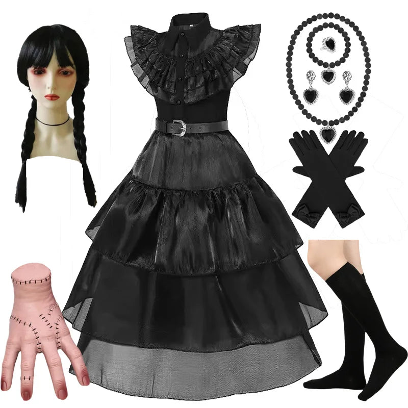 Girls Wednesdays Halloween Cosplay Costume Adams Black Gothic Family Clothes Costume Kids Carnival Fancy Dress Up