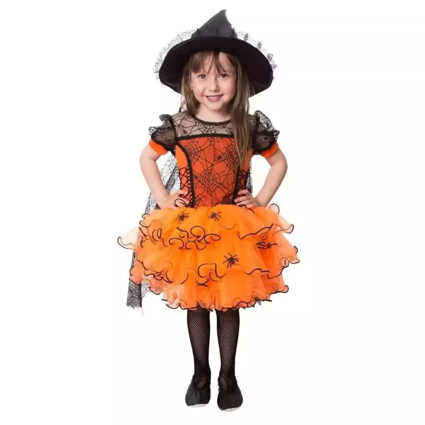 Halloween Girl With Cloak Witch Cosplay Party Dress Toddler Short Sleeve Spider Pattern Lace Tutu Knee Mesh Costume Dresses 1-5Y