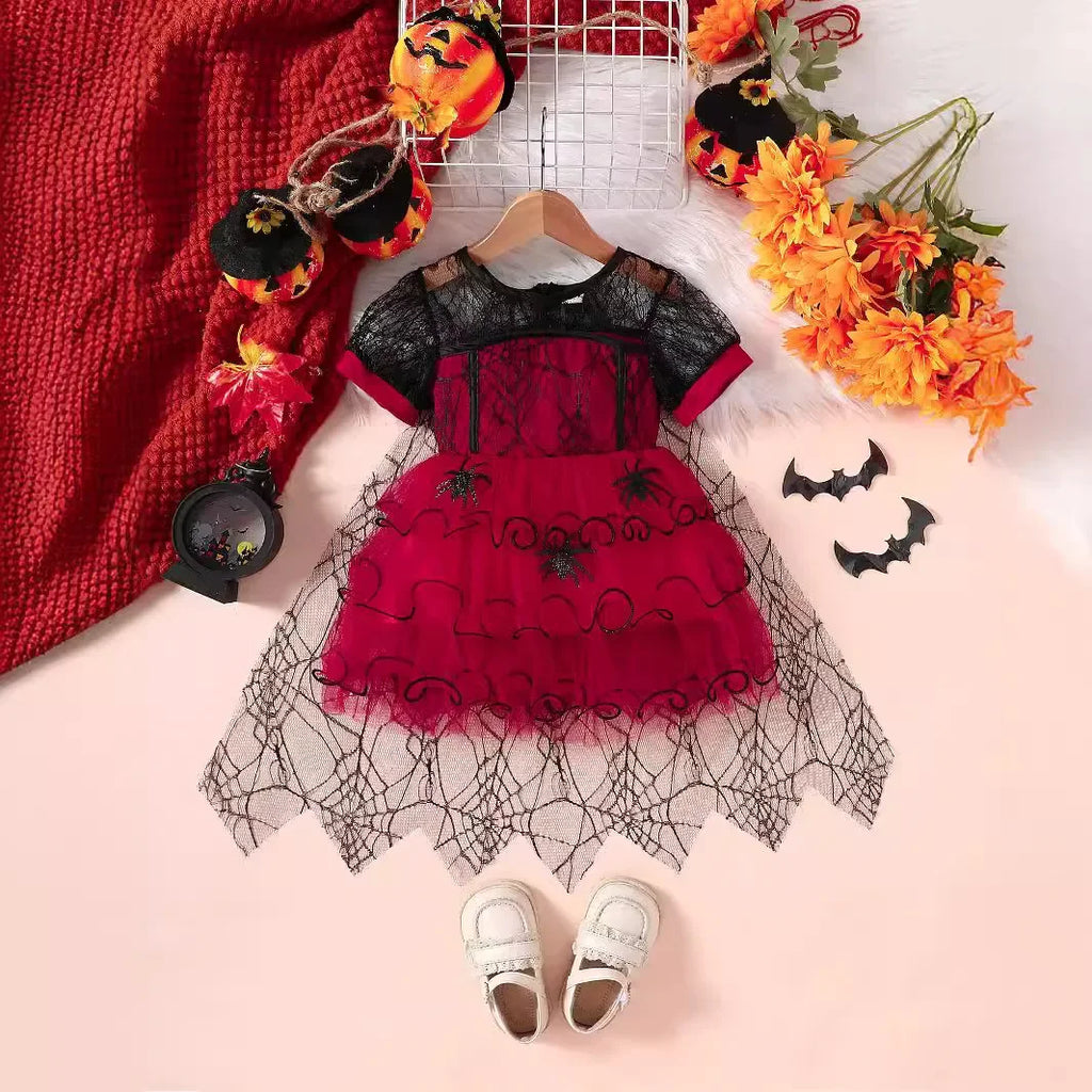 Halloween Girl With Cloak Witch Cosplay Party Dress Toddler Short Sleeve Spider Pattern Lace Tutu Knee Mesh Costume Dresses 1-5Y