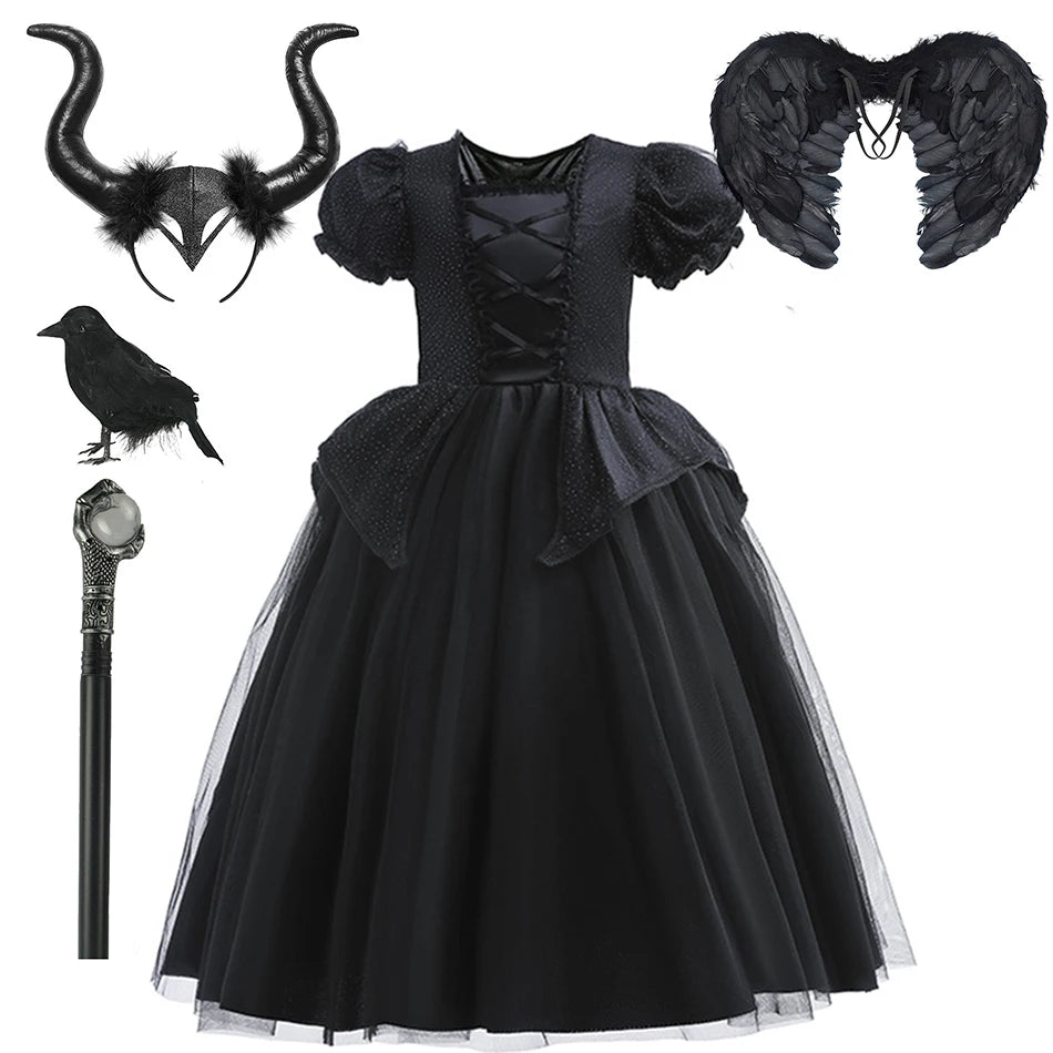 Girl Maleficent Cosplay Dress With Wings Kids Halloween Carnival Evil Witch Dress Up Costume 2-10 Yrs Sequin Ruffles Outfits