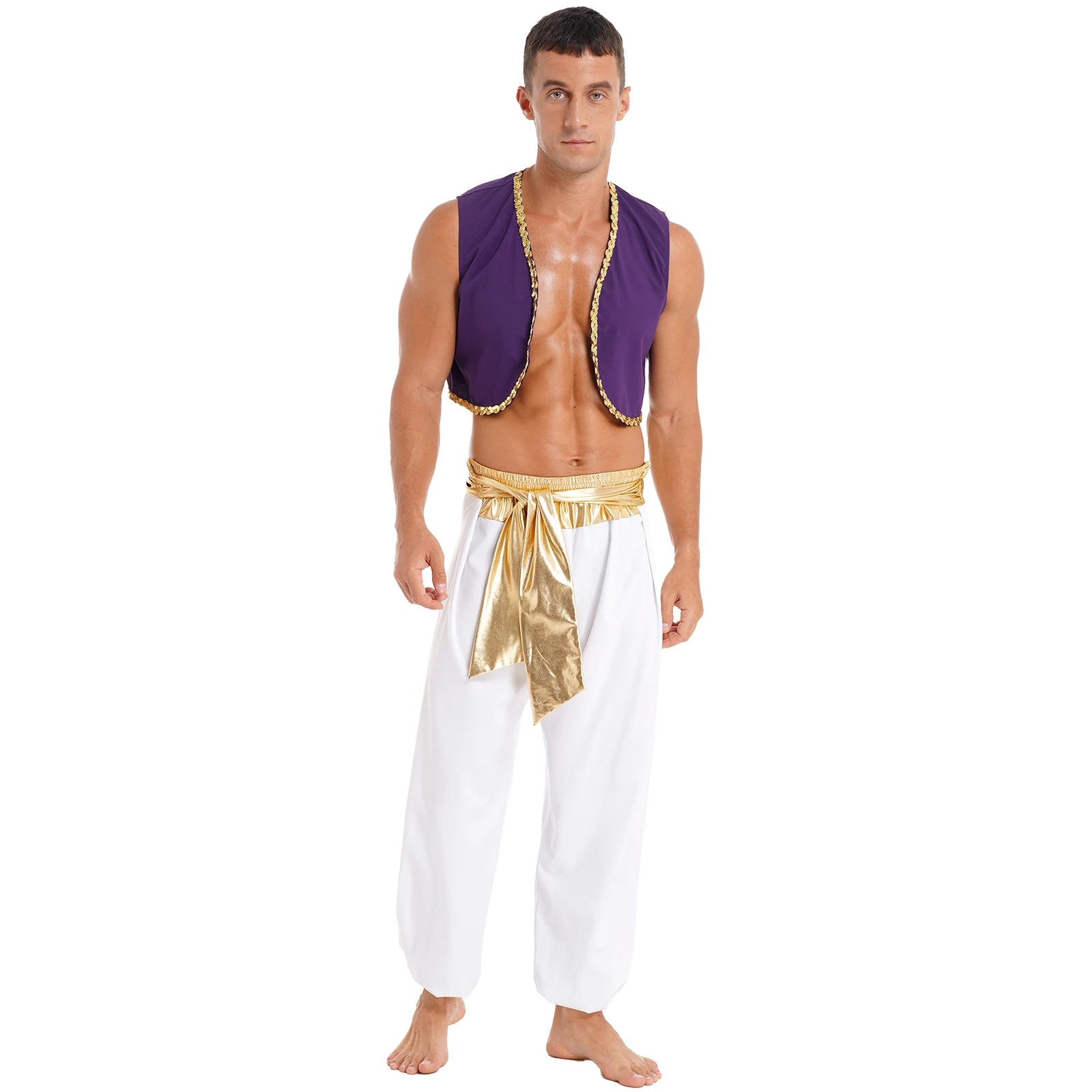Aladin Costume Men Arabian Prince Cosplay Dress Up Waistcoat Top Harem Pants Suit Halloween Theme Party Carnival Stage Dancewear