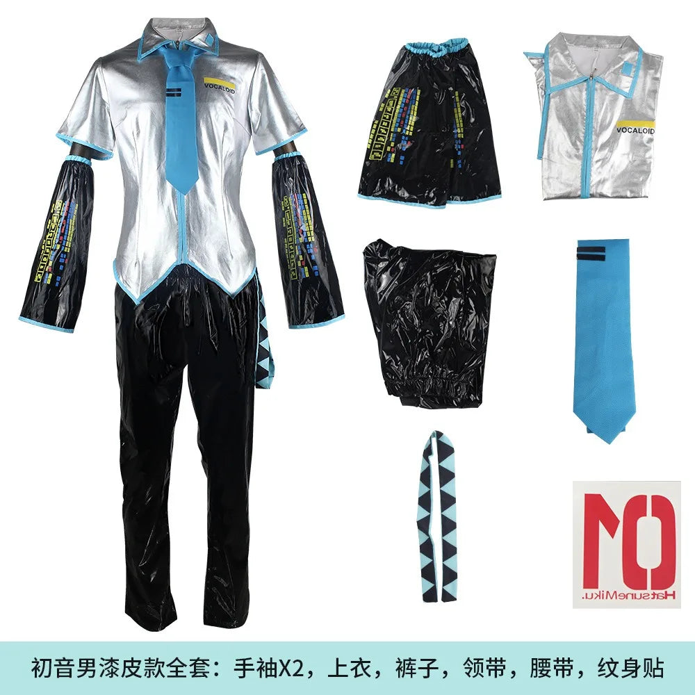 European Size Male Miku Cosplay Costume Wig Full Set Silver Leather Cloth Fabric Suit Miku Male Style Uniform