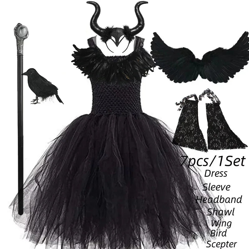 Halloween Maleficent Costume for Girls Cosplay Evil Queen Dress Up Costumes Witch Devil Black Mesh Princess Dress Wings Bird 12Y
