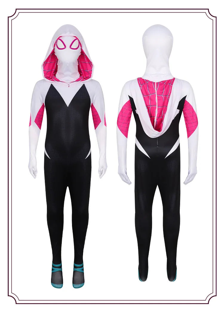 Girls Gwen Ghost Spider Costume Bodysuit Halloween Cosplay Hooded Holiday Party Costumes Fantasy Sexy Dress Up Hoodies Swimsuit