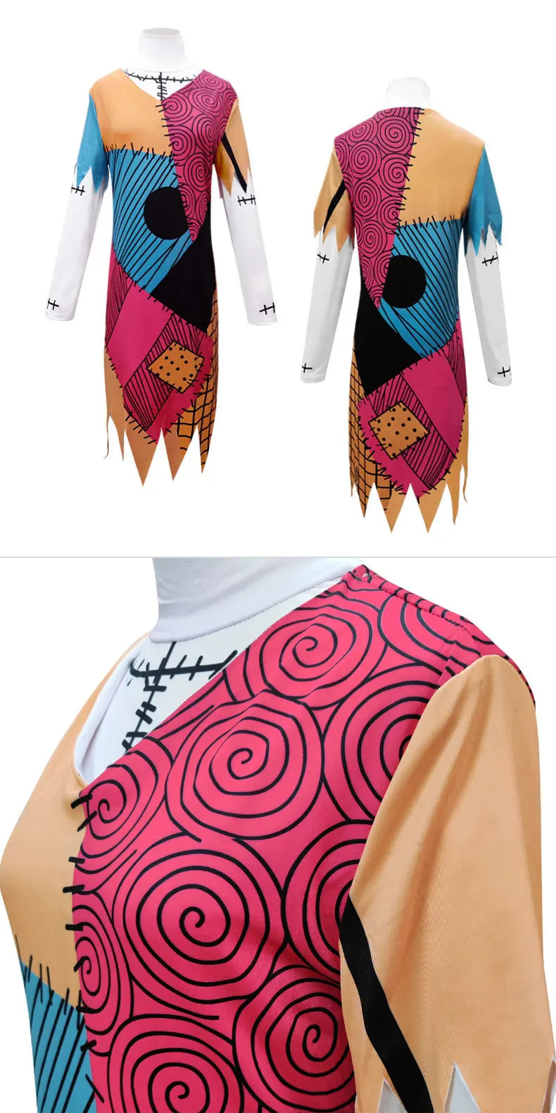 The Night Before Christmas Sally  Skellington Costume Cosplay Wig Hair Scary Horror Halloween Costume Women Party Fancy Dress