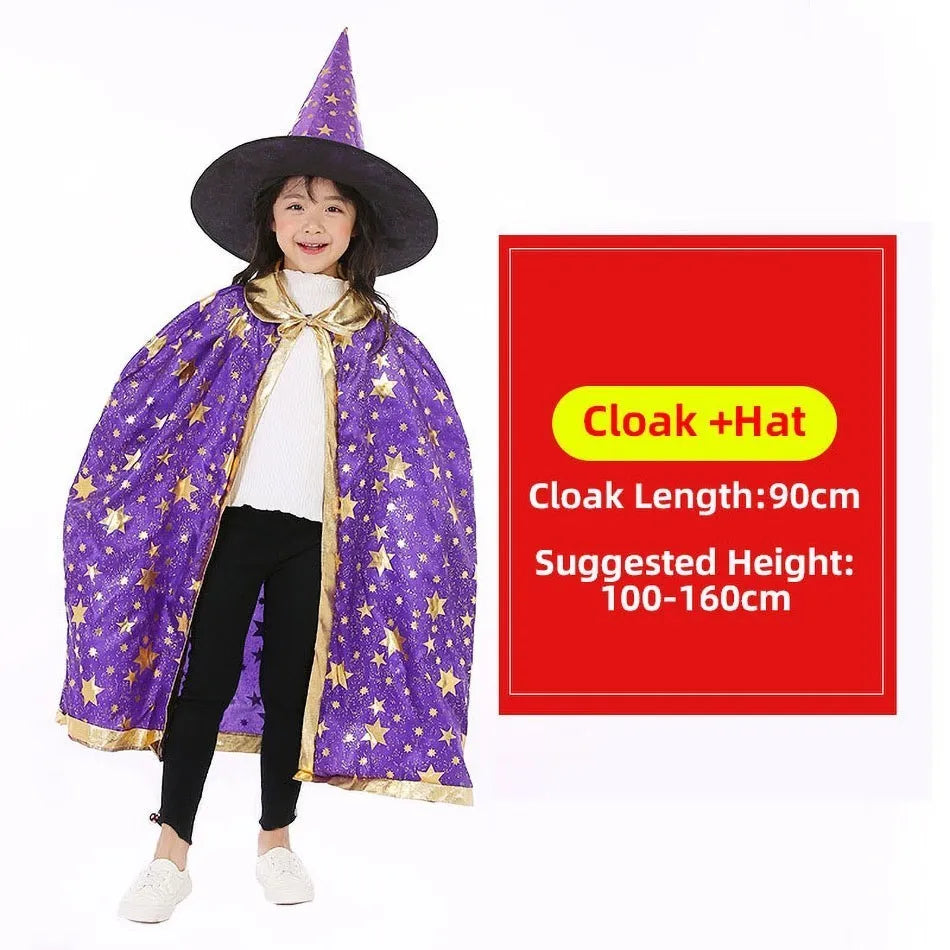 Children Cloak with Witch Hat Boys Girls Cosplay Costume Teens Black Purple Red Carnival Photography Props Kids Christmas Cape