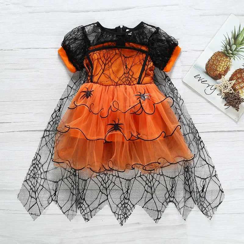 Halloween Girl With Cloak Witch Cosplay Party Dress Toddler Short Sleeve Spider Pattern Lace Tutu Knee Mesh Costume Dresses 1-5Y