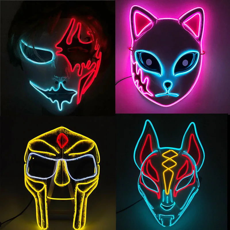 Light Up Japanese Oni Devil Mask LED Luminous Prajna Horror Mask Full Face Halloween Bar Party Props Neon Glowing Demon Mask