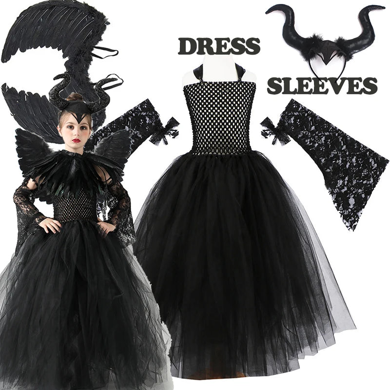 2024 New Maleficent Halloween Costume Maleficent Tulle Dress for Girls Cosplay Evil Queen Black Mesh Princess Dress Kids