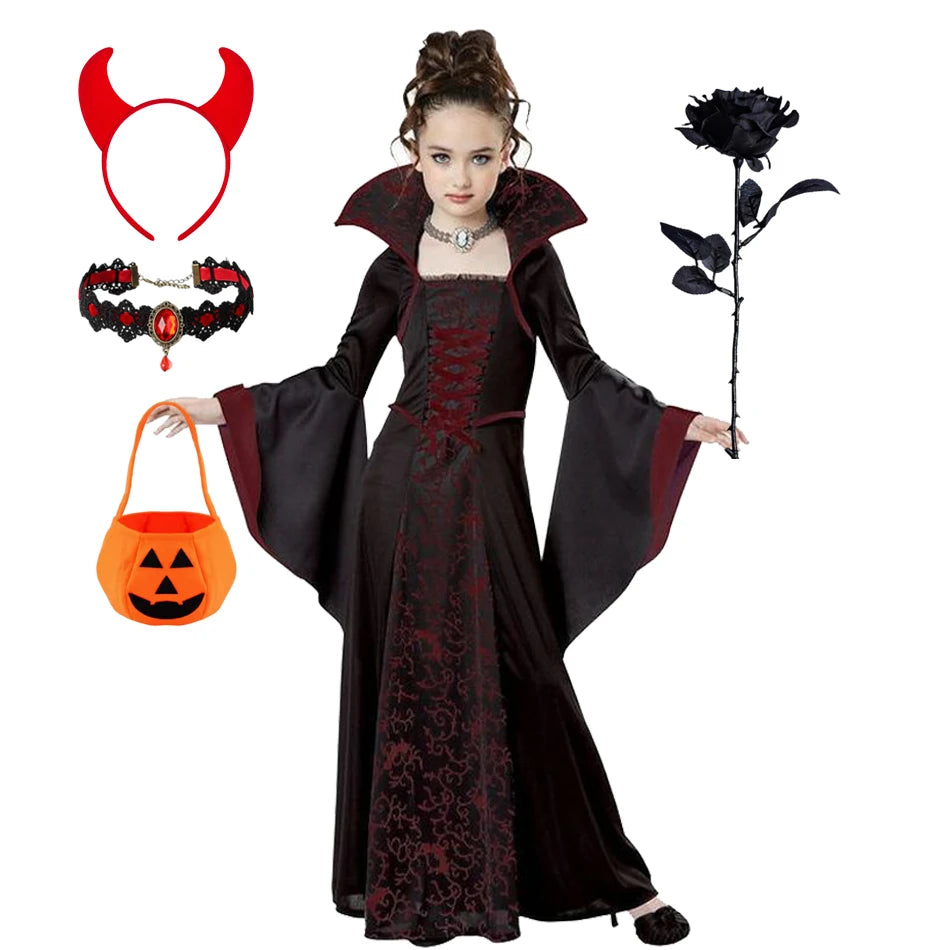 Halloween Girls Ghost Bride Mesh Vampire Costume Girls Princess Dress Performance Costume Black Evening Clothes