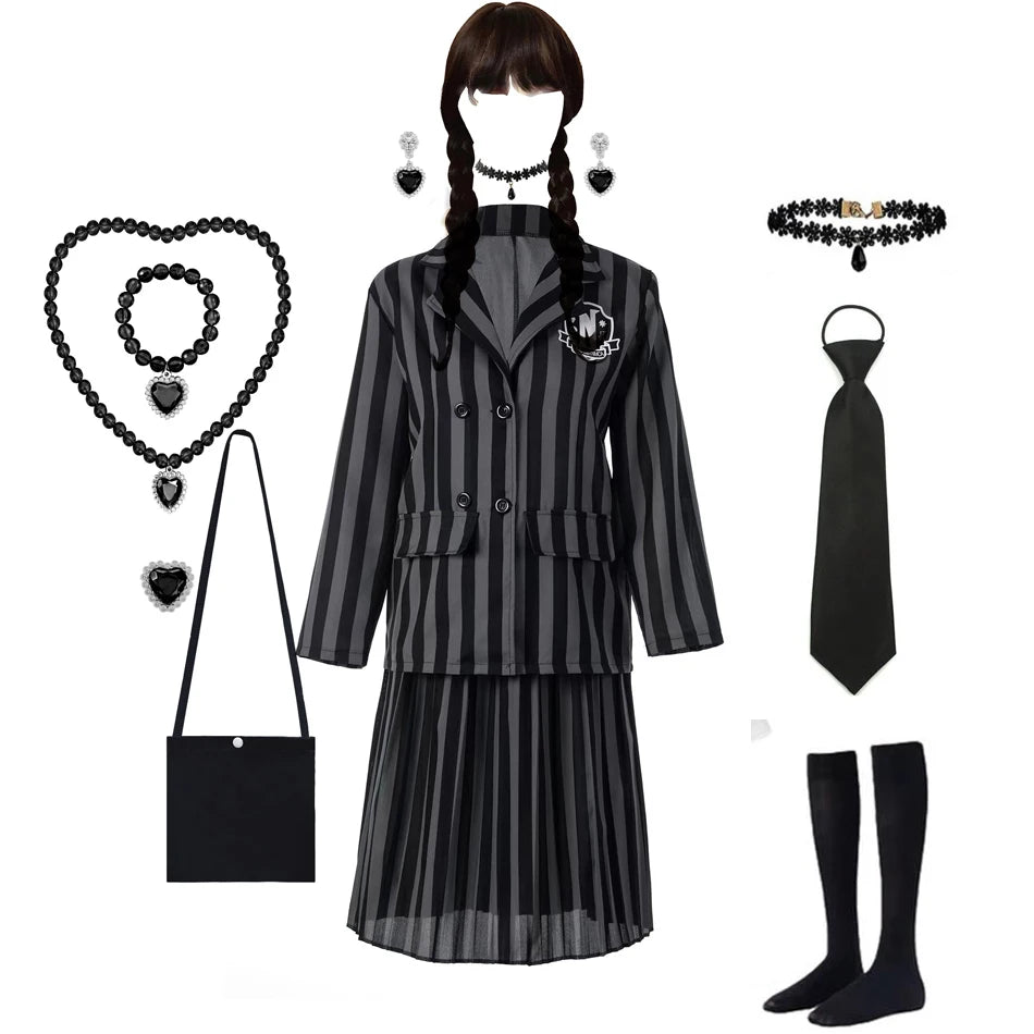 Addams Costumes Girls Black Uniform Suit Birthday Party Halloween Cosplay Dresses For Kids Women