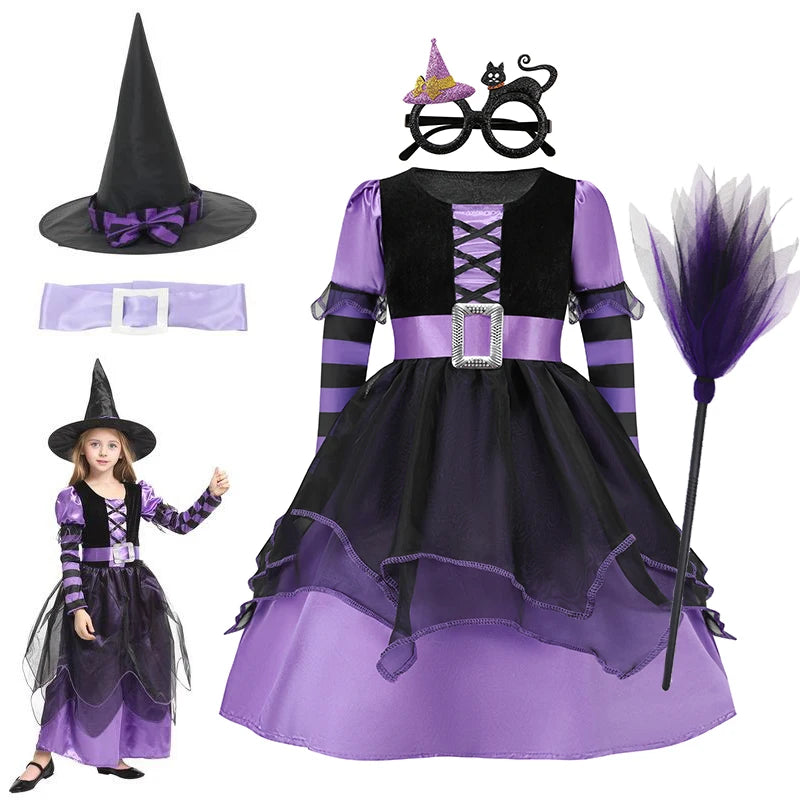 Girls' Halloween Witch Costume Purple Mesh Dress with Hat & Broom Kids Cosplay Gown for Carnival Magic Villain Role-Play