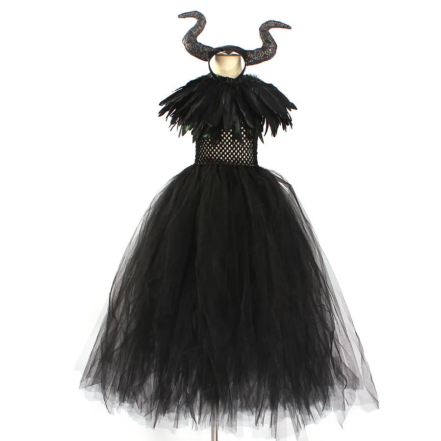 Halloween Maleficent Costume for Girls Cosplay Evil Queen Dress Up Costumes Witch Devil Black Mesh Princess Dress Wings Bird 12Y