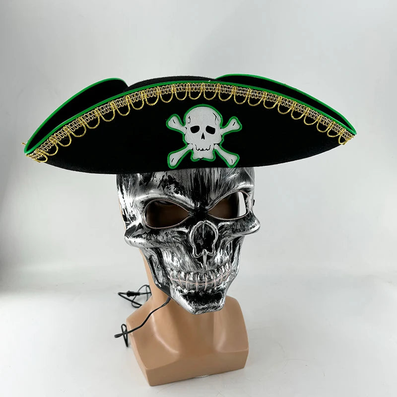 Newstyle Led Captain Hat Halloween Masquerade Pirate Theme Party Cosplay Captain Costumes Accessories Light Up Skull Pattern Hat