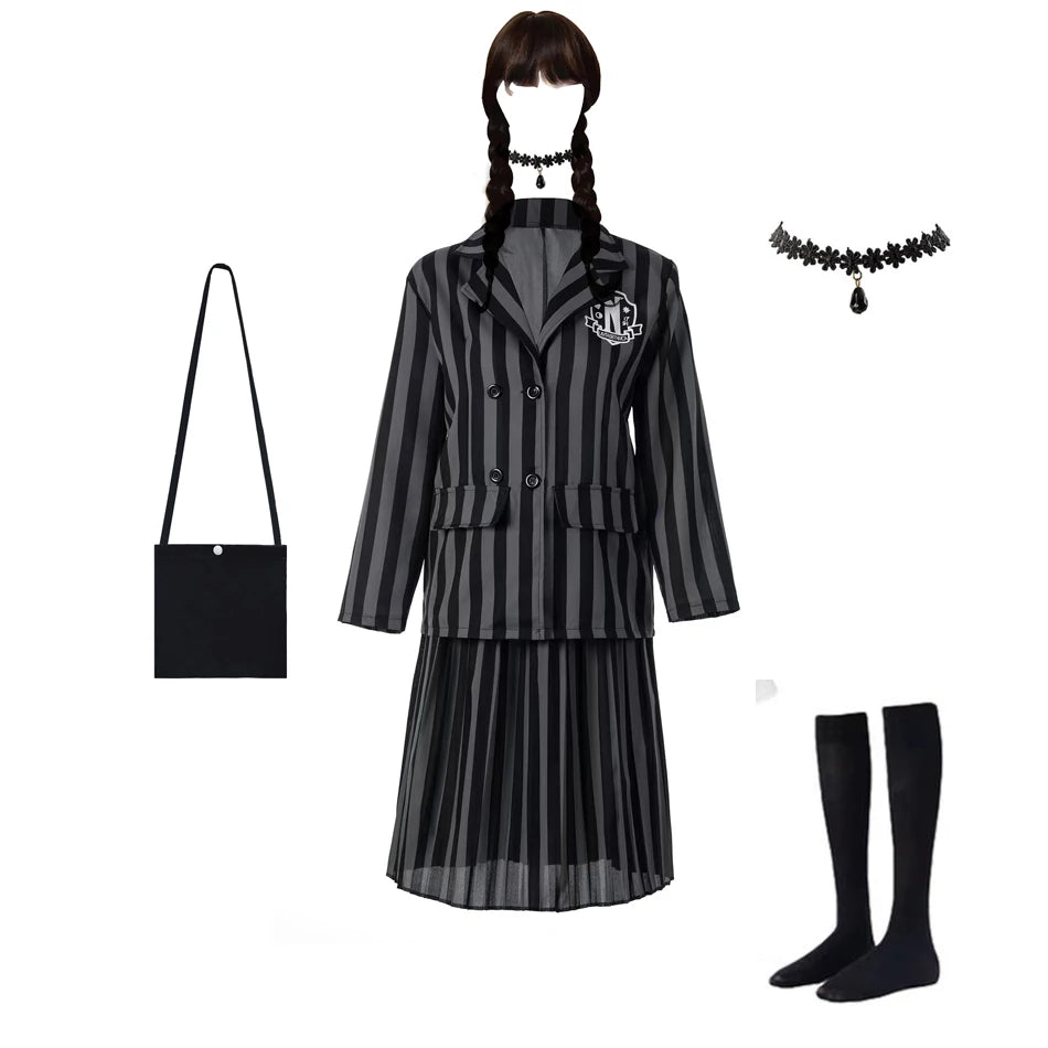Addams Costumes Girls Black Uniform Suit Birthday Party Halloween Cosplay Dresses For Kids Women