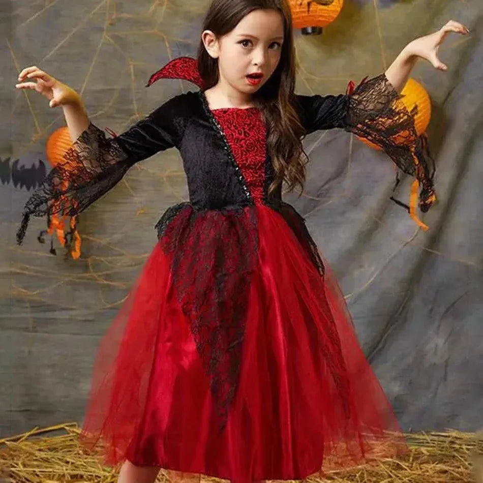 Girl Vampire Halloween Dress For Kid Ghost Bride Gothic Cosplay Vampire Costume Count Vampiran Carnival Outfit Black Red Clothes