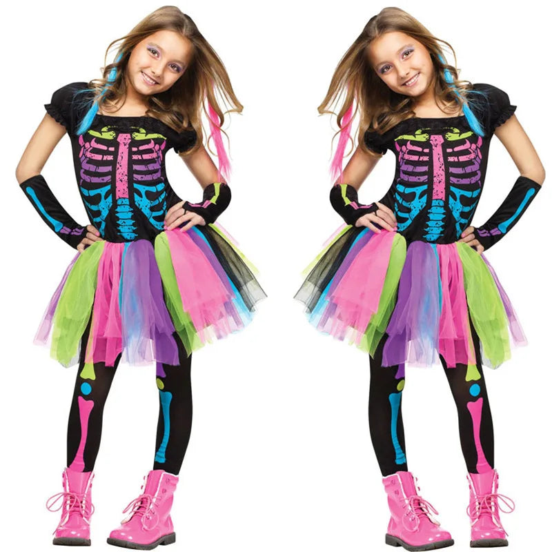 Halloween Rainbow Skeleton Girl Dress Colorful Skull Boy Costume Toddler Funky Punky Bone Cosplay Outfit Carnival Fancy Clothing