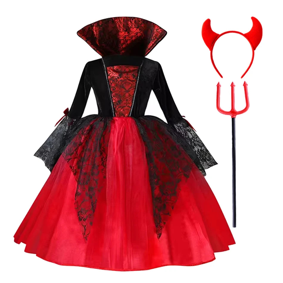2025 Girls Cosplay Vampire Halloween Dress For Kids Ghost Bride Gothic Costume Count Vampiran Carnival Outfit Black Red Clothes