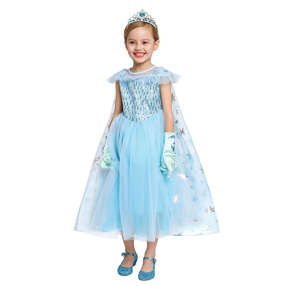 Elsa Girls Dress Frozan Cosplay Costume Princess Dresses Queen Snow Queen Wedding Luxurious With Cloak Carnival Gown Dresses Up