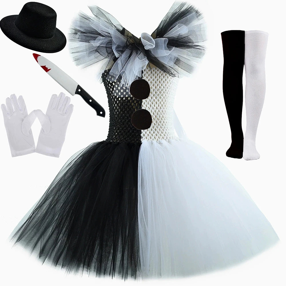 The Clown Costume Girl Black White Fancy Tutu Dress Horror Joker Dress for Kids Halloween Carnival Party Costumes