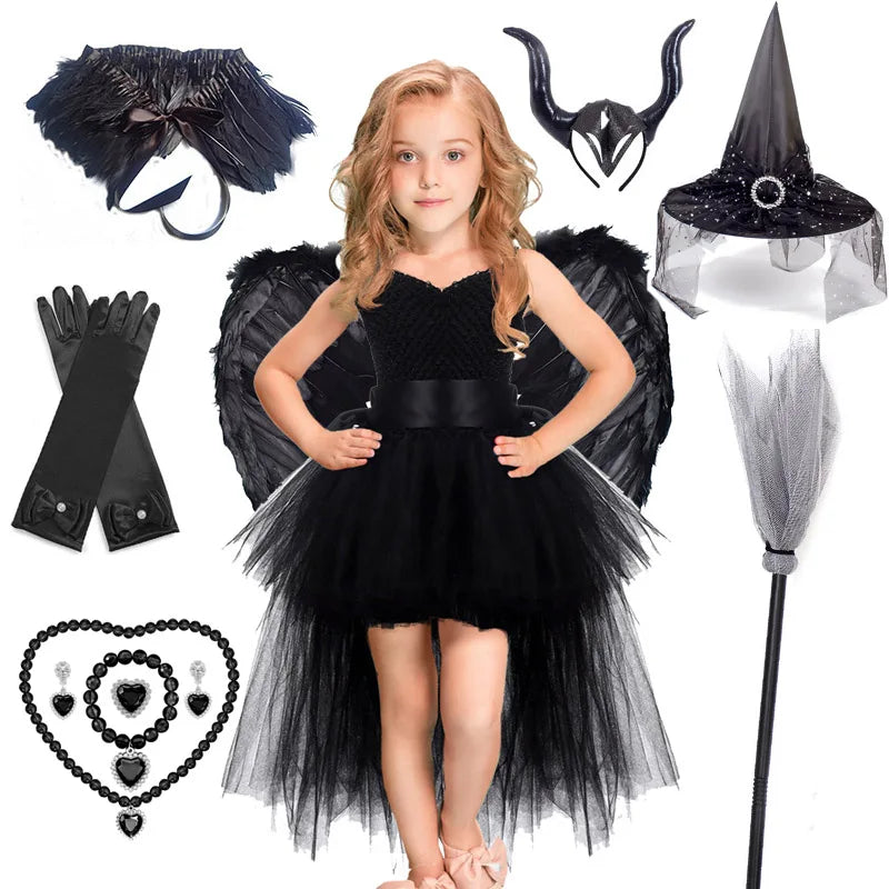Halloween Witch Princess Dress Birthday Party Cosplay Angel Jumpsuit Children Mesh Tutu Pink Lace Sling vampire Costume for Girl