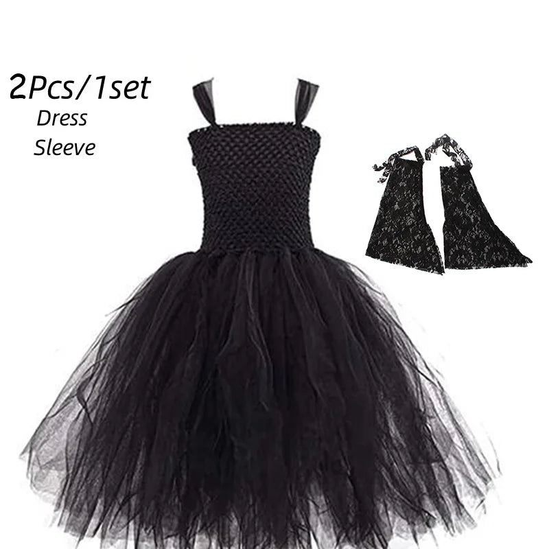 Halloween Maleficent Costume for Girls Cosplay Evil Queen Dress Up Costumes Witch Devil Black Mesh Princess Dress Wings Bird 12Y
