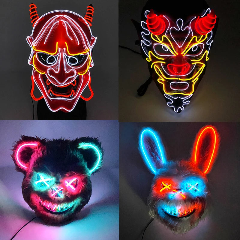 Light Up Japanese Oni Devil Mask LED Luminous Prajna Horror Mask Full Face Halloween Bar Party Props Neon Glowing Demon Mask