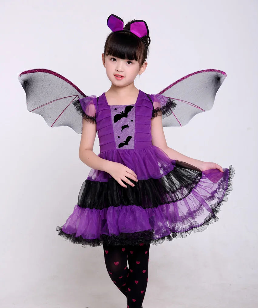 Halloween Girls Purple Bat Dress Kids Fancy Cosplay Vampire Demon Costume With Wing Headwear Carnival Witch Role Playing Clothes