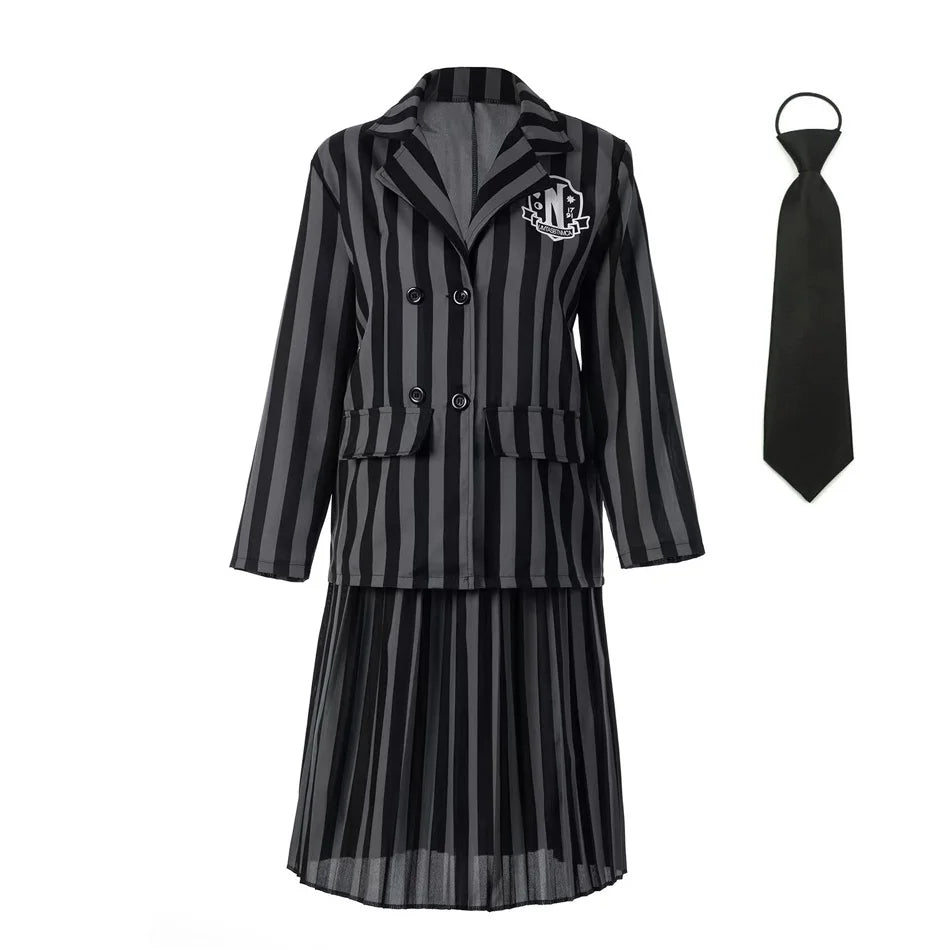 Addams Costumes Girls Black Uniform Suit Birthday Party Halloween Cosplay Dresses For Kids Women