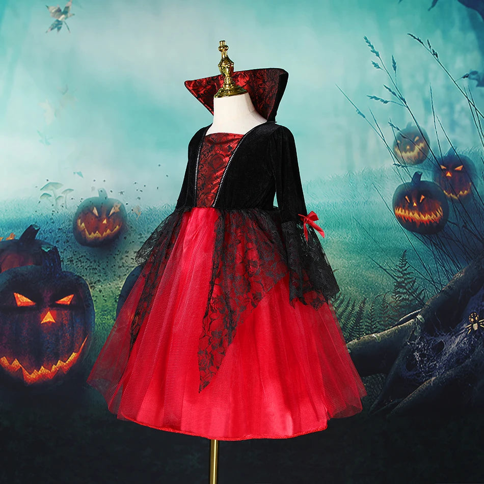 2025 Girls Cosplay Vampire Halloween Dress For Kids Ghost Bride Gothic Costume Count Vampiran Carnival Outfit Black Red Clothes