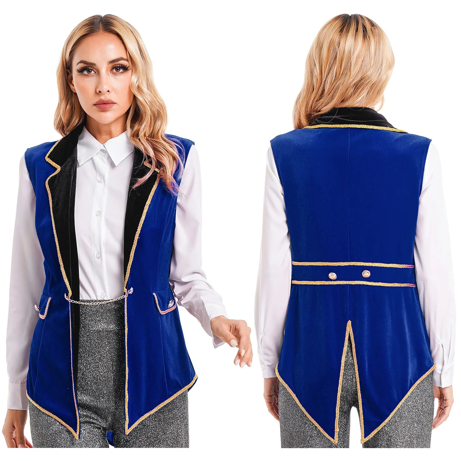Womens Circus Ringmaster Costumes Halloween Showman Cosplay Tailcoat Lapel Vest Jacket Ringleader Lion Tamer Velvet Waistcoat