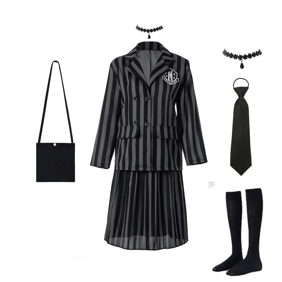 Addams Costumes Girls Black Uniform Suit Birthday Party Halloween Cosplay Dresses For Kids Women