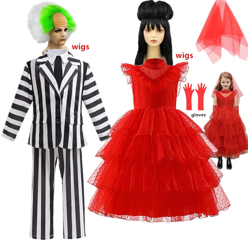 Halloween Lydia Red Horror Ghost Bride Cosplay Dress for Girls boys B-Beetle Juice 2 Black White Pattern Role Playing Costumes