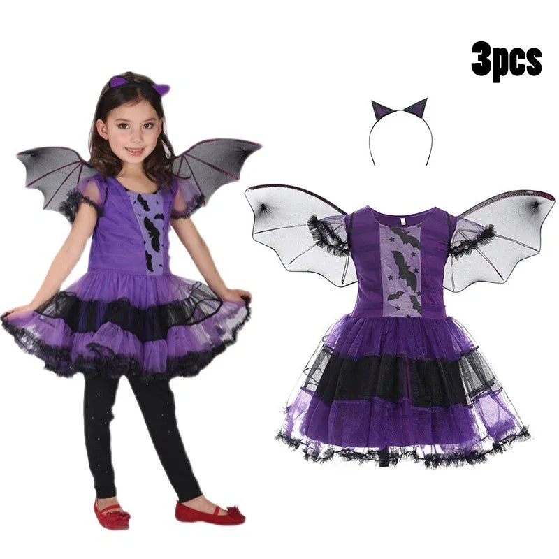 Halloween Vampire Costume for Kids Girls Devil Witch Gothic Ghost Bride Clothes Demon Bride Queen Cosplay Carnival Party Dresses