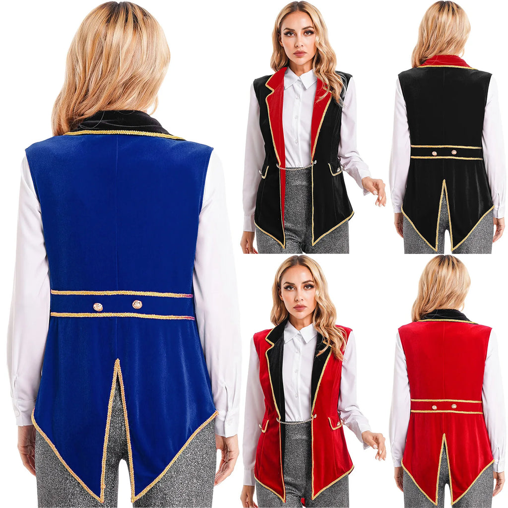 Womens Circus Ringmaster Costumes Halloween Showman Cosplay Tailcoat Lapel Vest Jacket Ringleader Lion Tamer Velvet Waistcoat