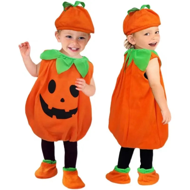 Kids Pumpkin Costume with Hat Boys Girls Halloween Cosplay Costume Children Cosplay Stage Performance Party Clothing