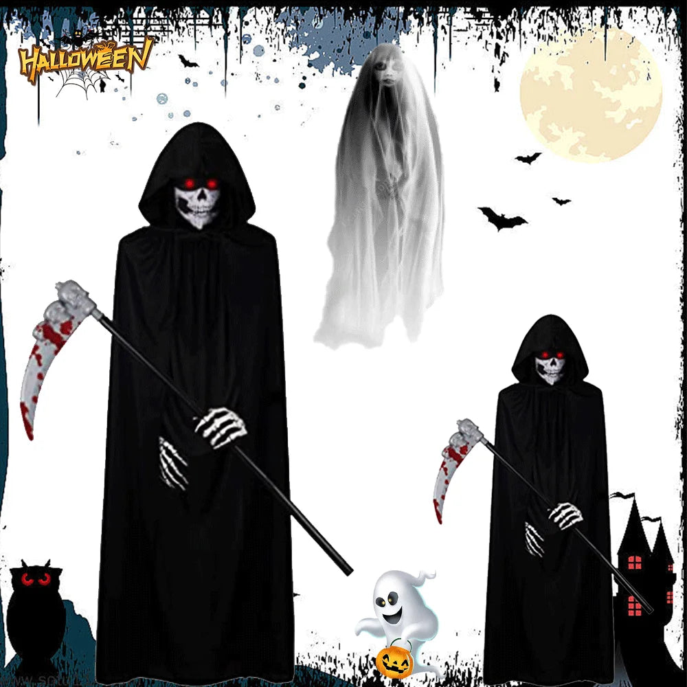 Death Cloak Suit Halloween Cosplay Costume Grim Reaper Prop Ghost Head Scythe Skull Scarf Glove Adult Kids Halloween Decoration