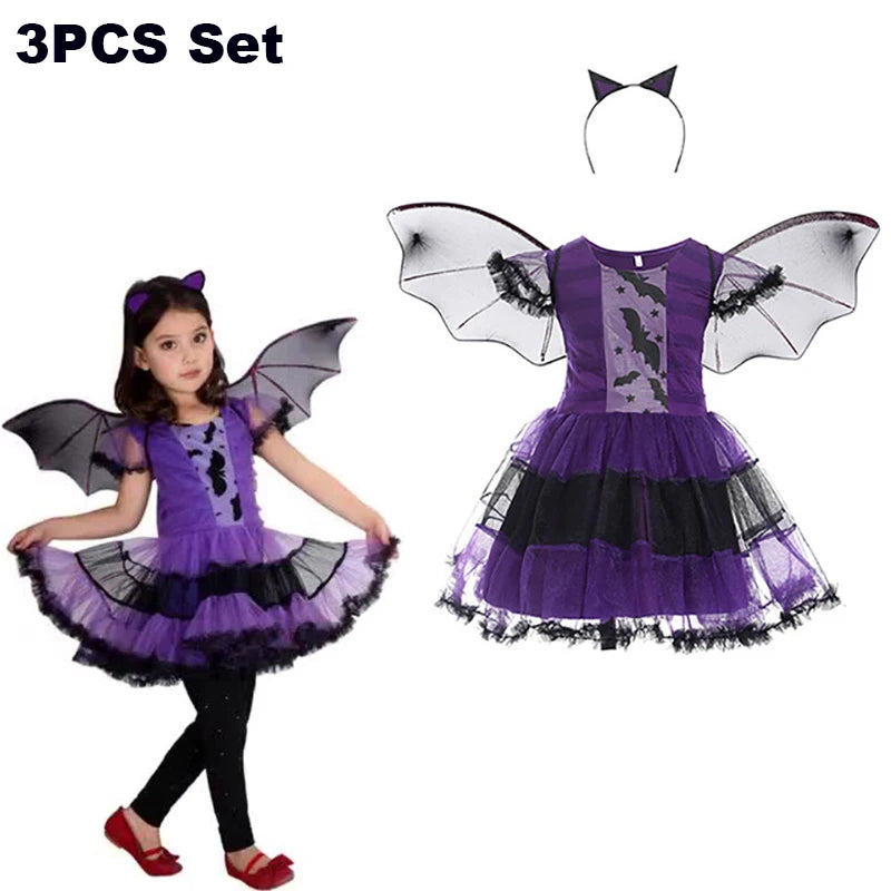 Girls Purple Bat Dress Kids Fancy Cosplay Vampire Demon Costume With Wing Headwear Halloween Carnival Witch Role Play Clothes