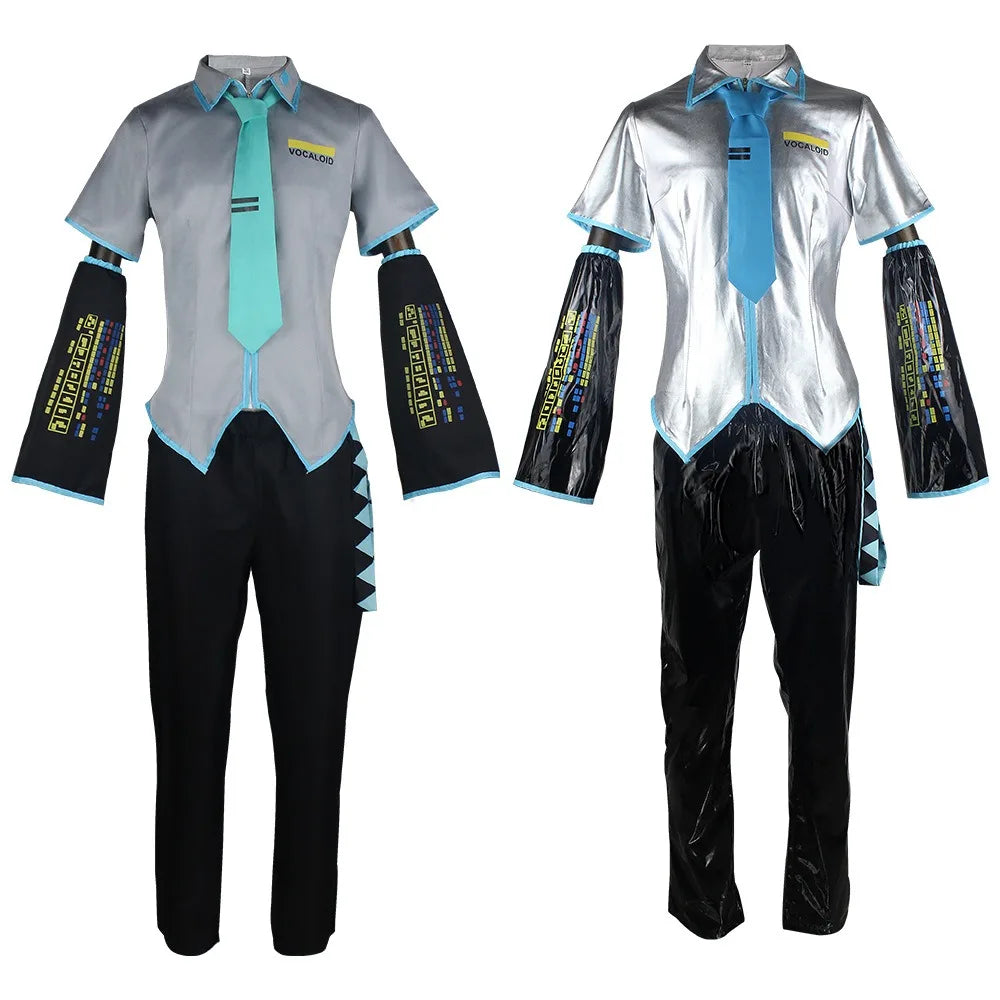 European Size Male Miku Cosplay Costume Wig Full Set Silver Leather Cloth Fabric Suit Miku Male Style Uniform