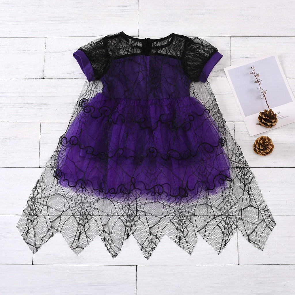 Halloween Girl With Cloak Witch Cosplay Party Dress Toddler Short Sleeve Spider Pattern Lace Tutu Knee Mesh Costume Dresses 1-5Y